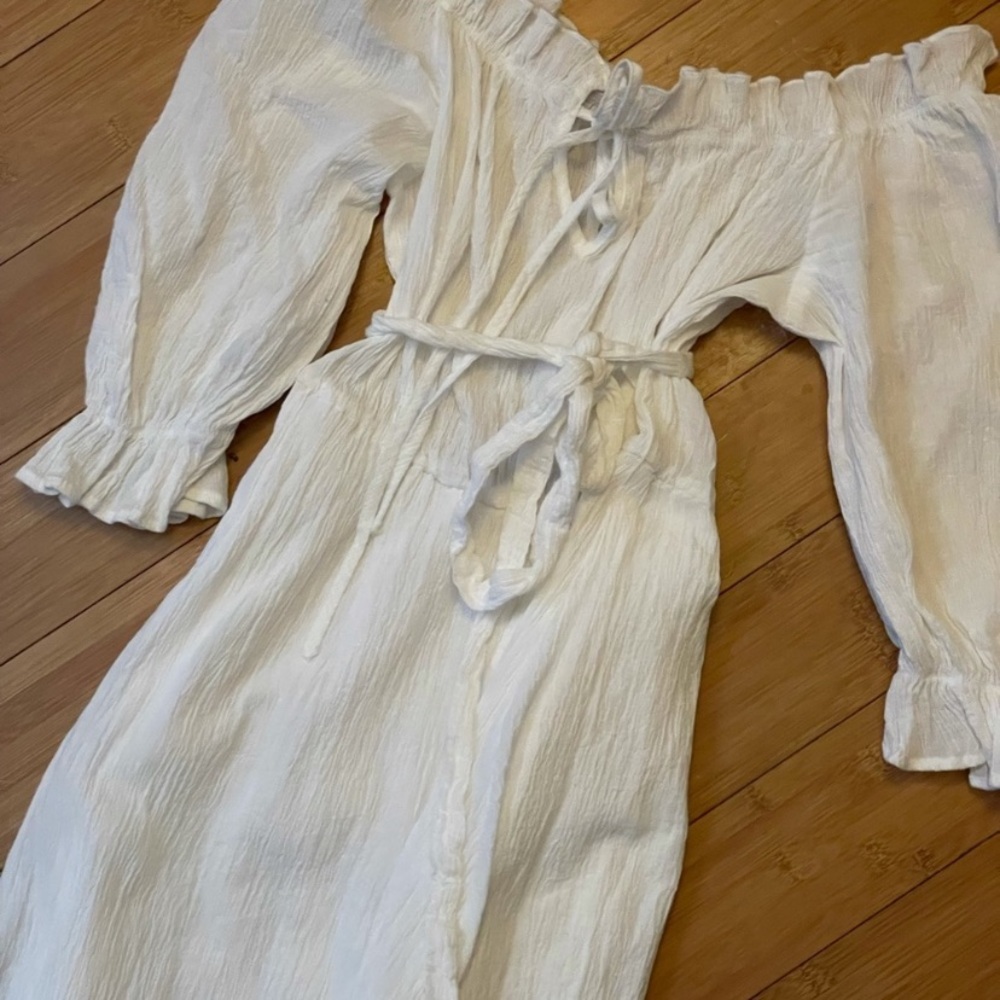 Gausy white linen peasant midi dress